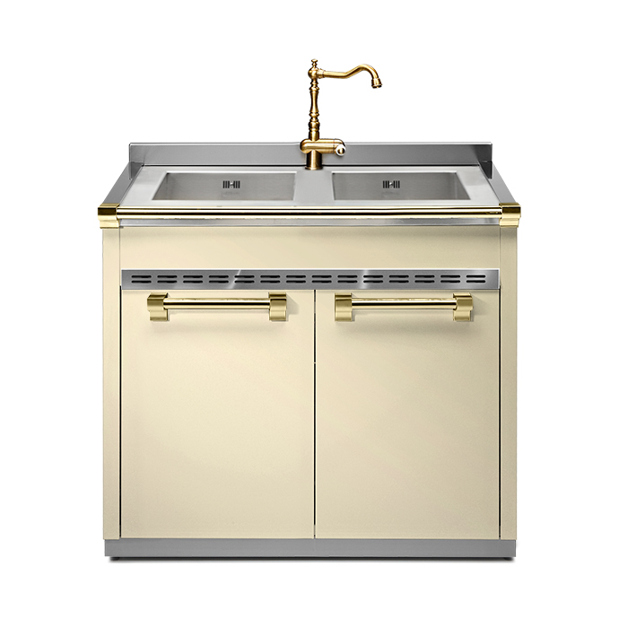 Luxuriöse Küchen-Spüle in Creme mit Doppelbecken und goldfarbener Armatur, elegantes Design Doppelspüle für die Küche in Creme mit goldfarbenen Akzenten und zwei Türen, inklusive hochwertiger Wasserhahn-Armatur