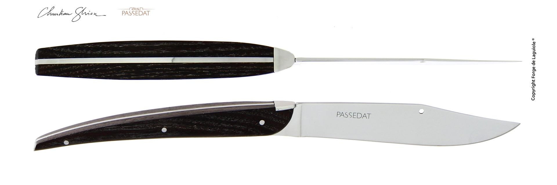 Laguiole Messer FORGE DE LAGUIOLE Gérald Passedat Edition mit Griff aus dunklem Holz und polierter Edelstahlklinge Exklusives Laguiole Messer der Gérald Passedat Edition von FORGE DE LAGUIOLE, mit dunklem Holzgriff und glänzender Edelstahlklinge, seitlich und von oben abgebildet