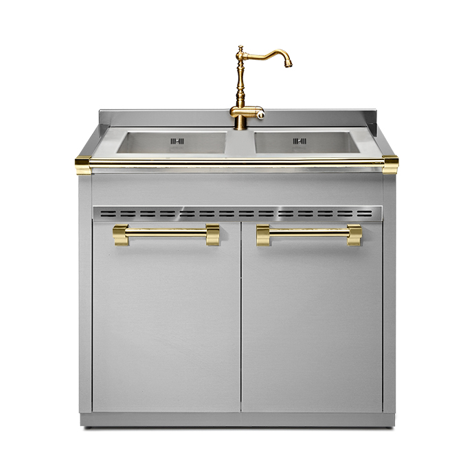 Edelstahl Küchenspüle mit zwei Becken und goldenen Armaturen, modernes Design für luxuriöse Küchen Doppelte Edelstahlspüle mit eleganten goldenen Griffen und Armatur, geeignet für hochwertige Küchen