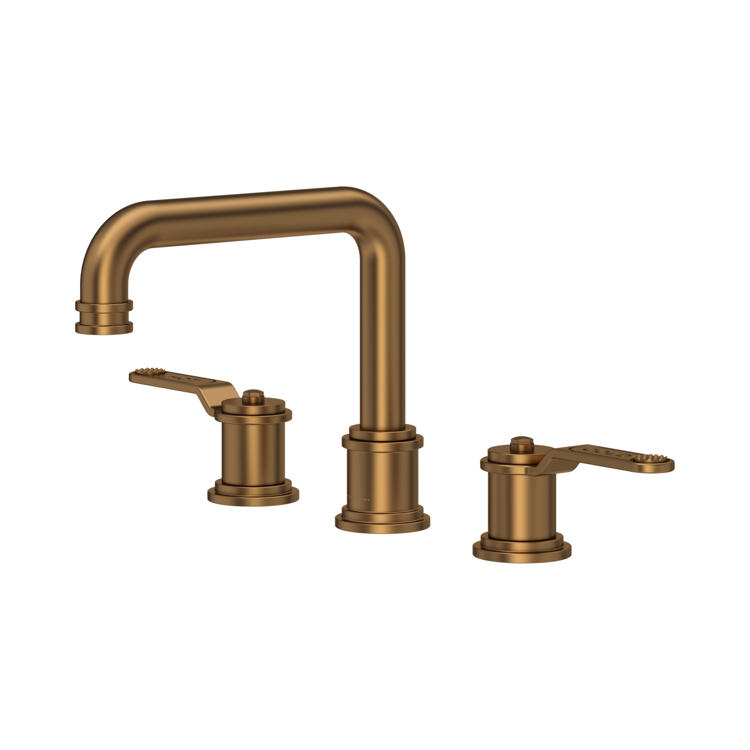 Produktfoto: 3-Loch-Waschtischarmatur aus gebürsteter Bronze mit hohem Auslauf und zwei Hebelgriffen im klassisch-industriellen Design für Badwaschbecken