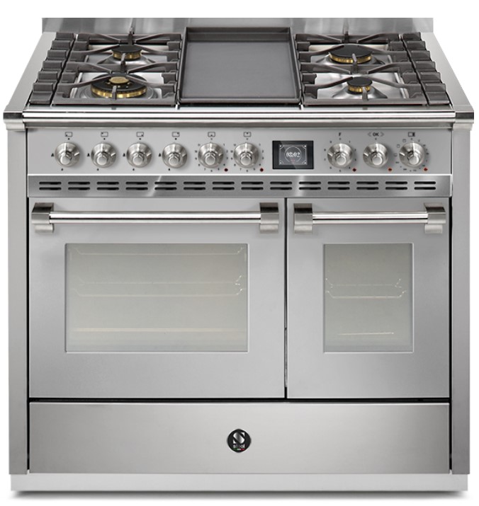 Großer, moderner Gasherd aus Edelstahl mit sechs Kochfeldern, Grillplatte und zwei Backofentüren