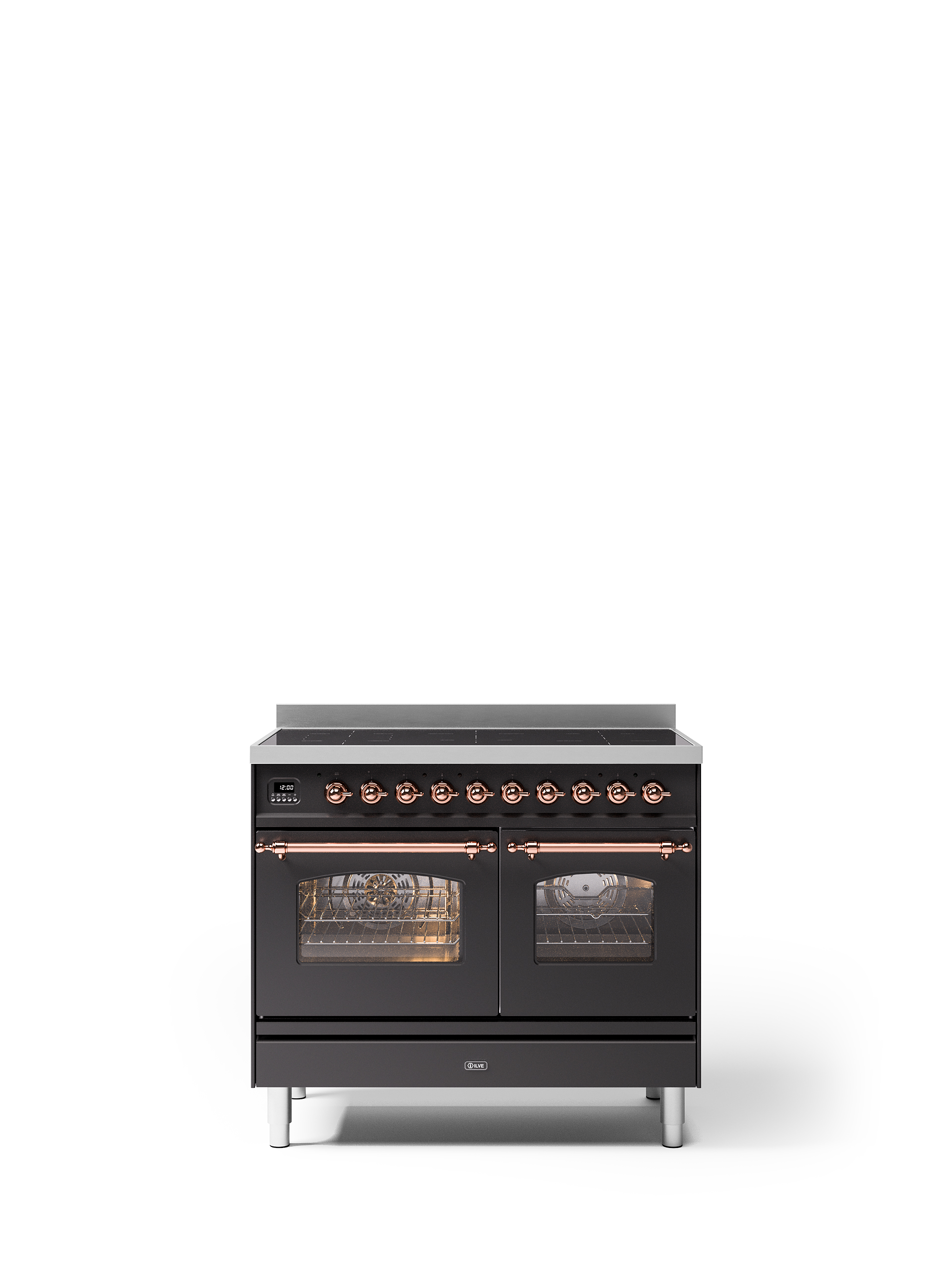 Design-Standherd mit zwei Backöfen und Kupfer-Armaturen, schwarz Moderner Standherd in Schwarz mit zwei Sichtfenster-Backöfen, Induktionskochfeld und kupferfarbenen Bedienelementen