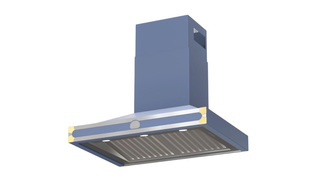 Blaue Wandhaube mit Kamin, Edelstahl-Baffle-Fettfilter und integrierter LED-Beleuchtung; leistungsstarker Dunstabzug für Küchen