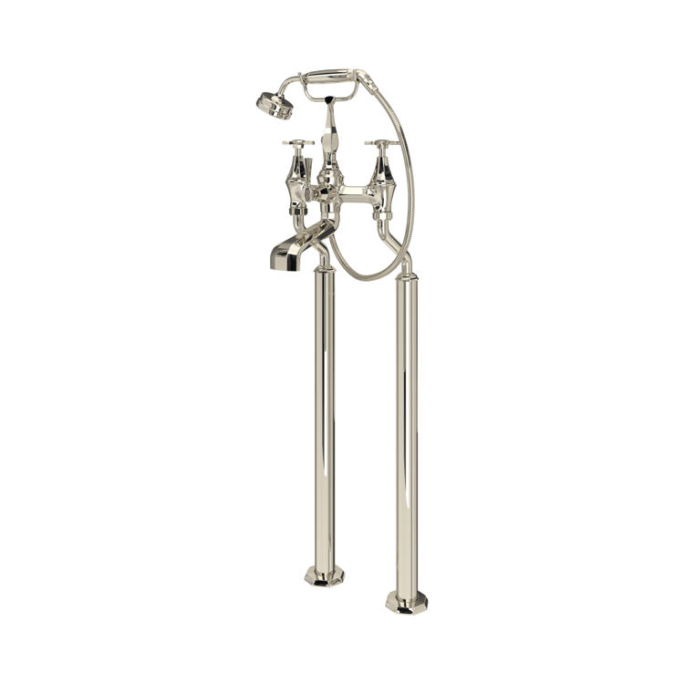Freistehende Badewannenarmatur im Retro-Design, Zweigriff, mit Auslauf und Telefon-Handbrause; polierte Messing-Standventile – ideal für freistehende Badewannen