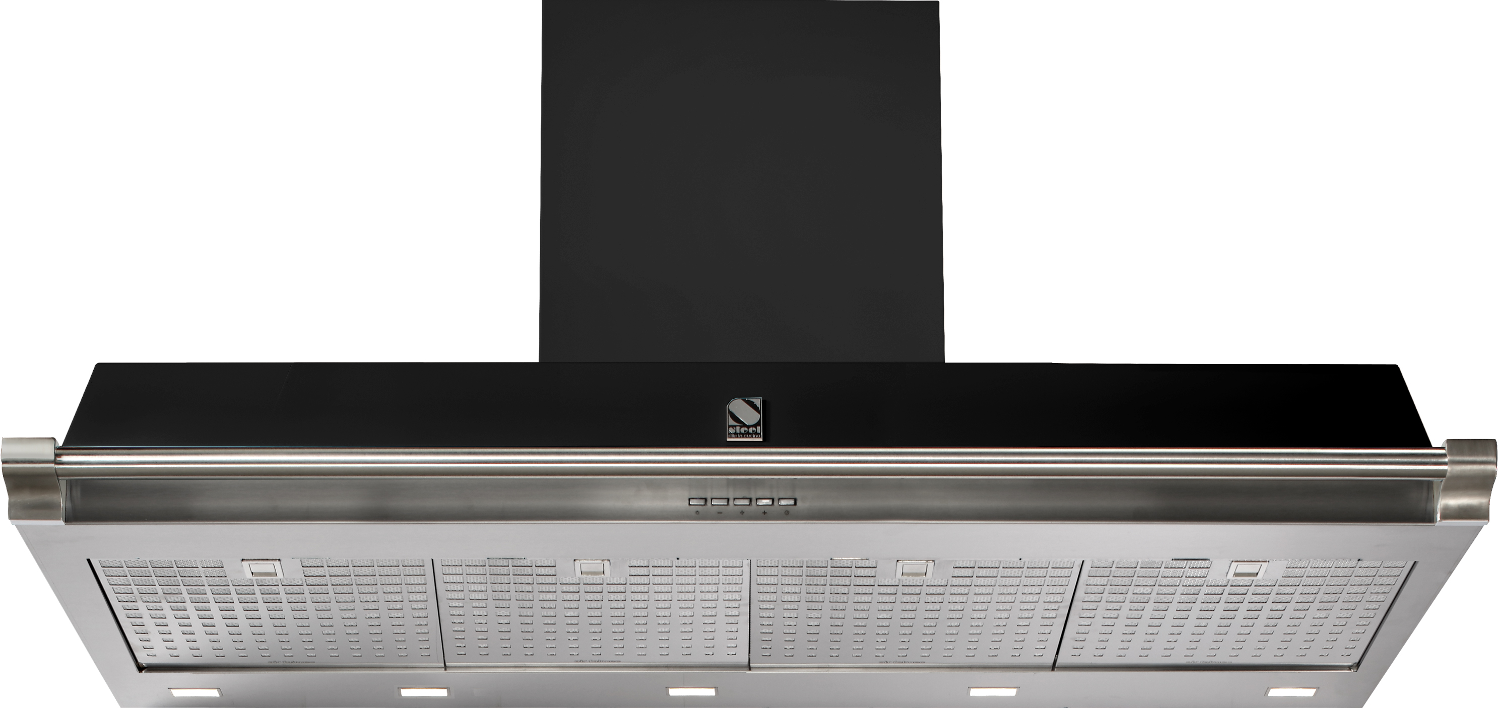 Dunstabzugshaube aus Edelstahl und Schwarzglas mit Bedienfeld und LED-Beleuchtung, Frontansicht