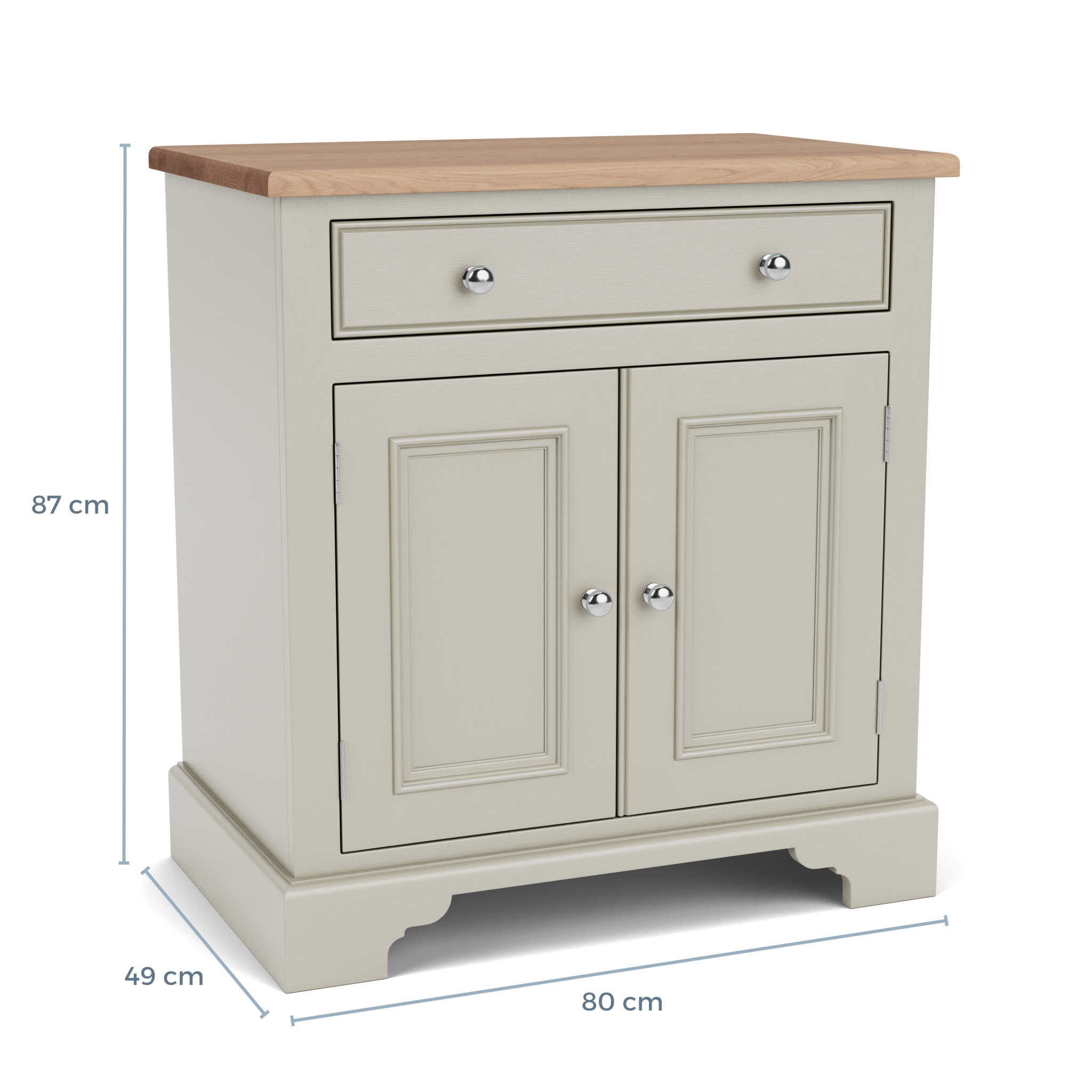 Beige Landhaus-Kommode mit Holzplatte, Maße 80 cm breit, 49 cm tief, 87 cm hoch; oben eine Schublade, darunter zwei Türen mit silbernen Knöpfen – ideal als Sideboard oder Flurschrank