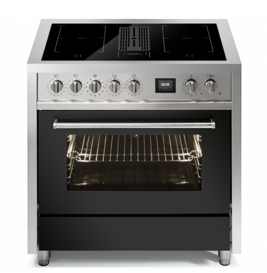 Moderner Standherd mit Induktionskochfeld und großem Backofen aus Edelstahl für Ihre Küche Standherd mit Induktionskochfeld, mehreren Bedienknöpfen und großem Sichtfenster-Backofen in Edelstahl