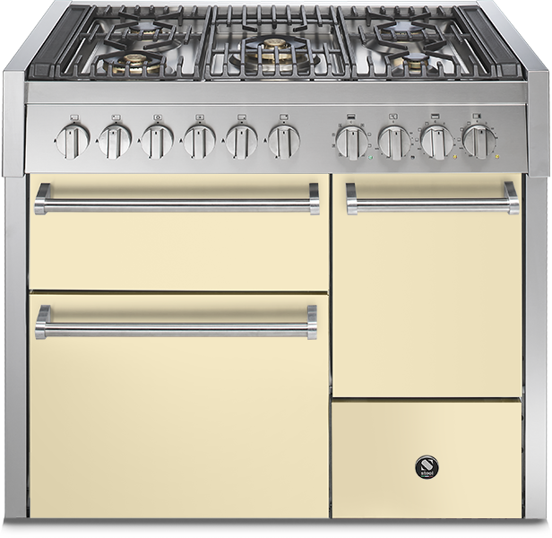 Standherd in Creme mit Gas-Kochfeld und sieben Drehreglern, vier Backofentüren und Edelstahlgriffen