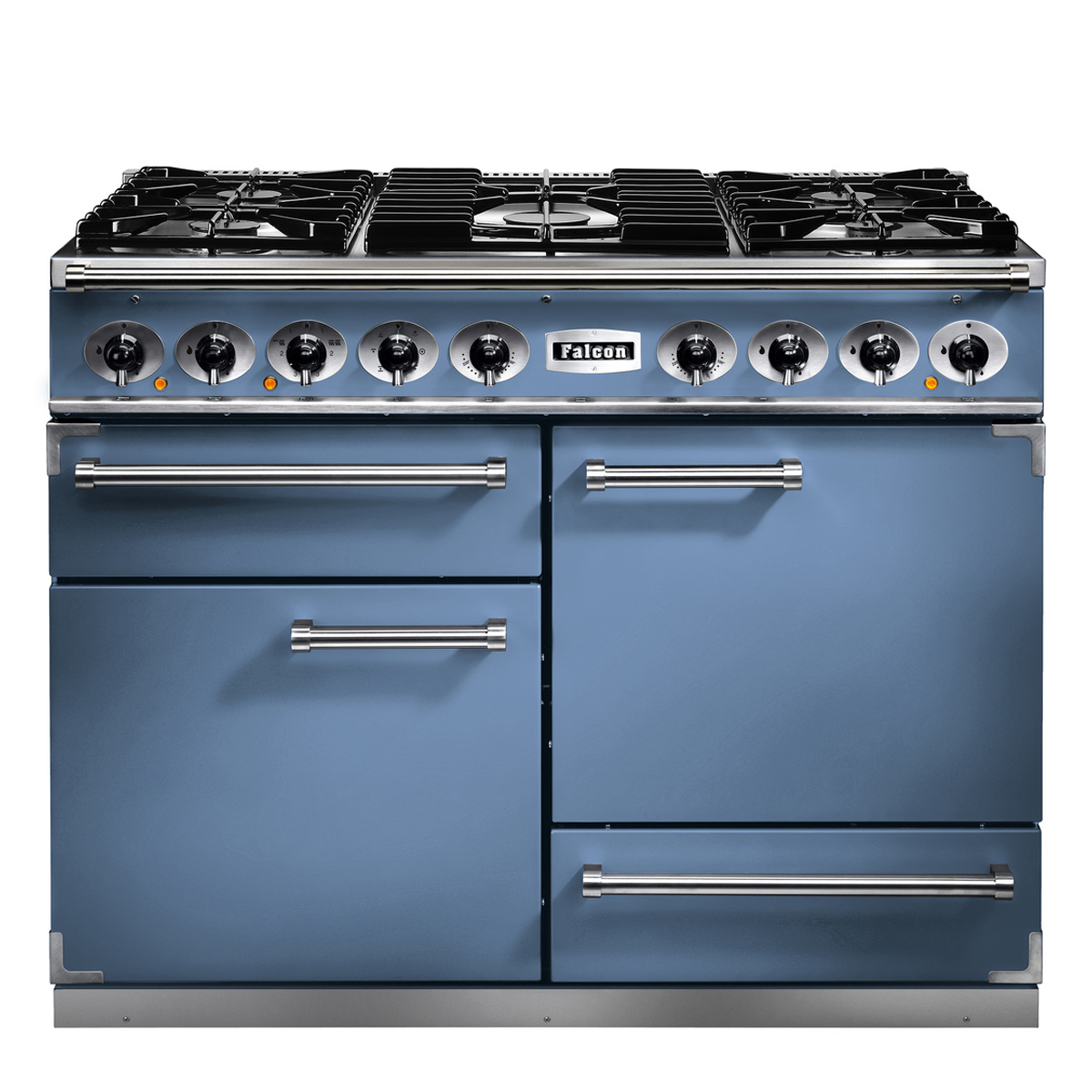 Falcon Gasherd Classic Deluxe 110 cm in Blau mit mehreren Backöfen und Gas-Kochfeldern Blauer Falcon Gasherd Classic Deluxe 110 cm mit mehreren Backöfen, Gas-Kochfeldern und Edelstahlelementen, freistehend