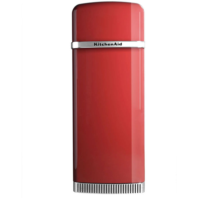 KitchenAid Kühlschrank im Retro-Design, rot, freistehend Roter freistehender KitchenAid Kühlschrank im Retro-Stil mit abgerundeten Ecken und silberner Zierleiste