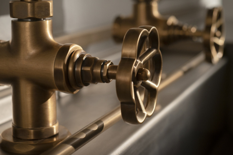Hochwertiges Ventil aus gebürstetem Messing für industrielle Anwendungen Messingventil mit Handrad auf einer Metallleitung, Detailaufnahme eines industriellen Installationsbauteils
