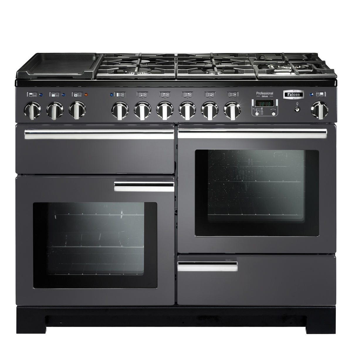 Großer schwarzer Standherd von Falcon mit neun Drehknöpfen, drei Backöfen und Gas-Kochfeld mit sechs Flammen sowie Grillplatte