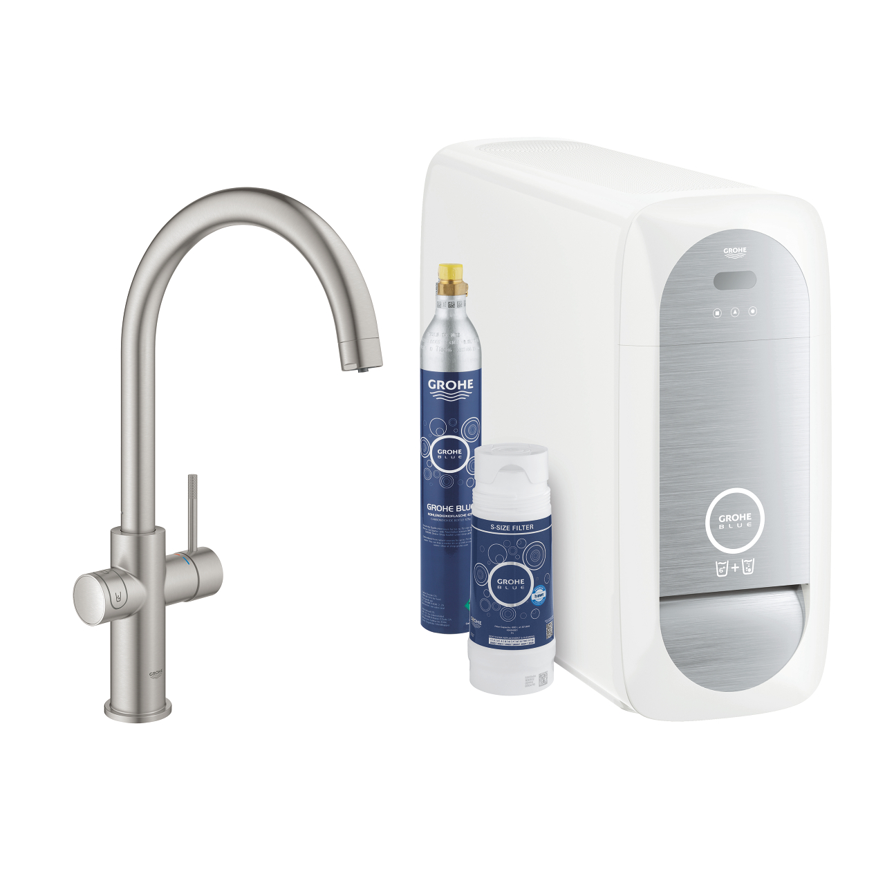 GROHE Blue Wassersystem mit Edelstahl-Armatur, CO2-Flasche und Filter für frisches Trinkwasser in der Küche