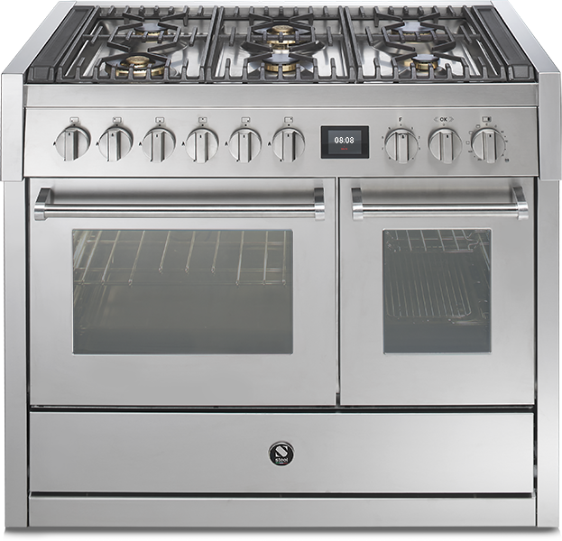Edelstahl Gasherd mit sechs Kochfeldern und zwei Backöfen für professionelle Küchen Moderner Edelstahl Gasherd mit sechs Kochfeldern, Drehreglern und zwei Backöfen