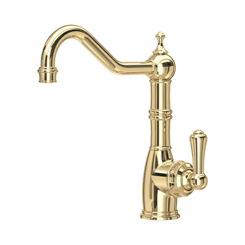 Goldene Küchenarmatur aus Messing mit Einhebelmischer und hohem Schwanenhals-Auslauf im nostalgischen Design, passend für Spülbecken