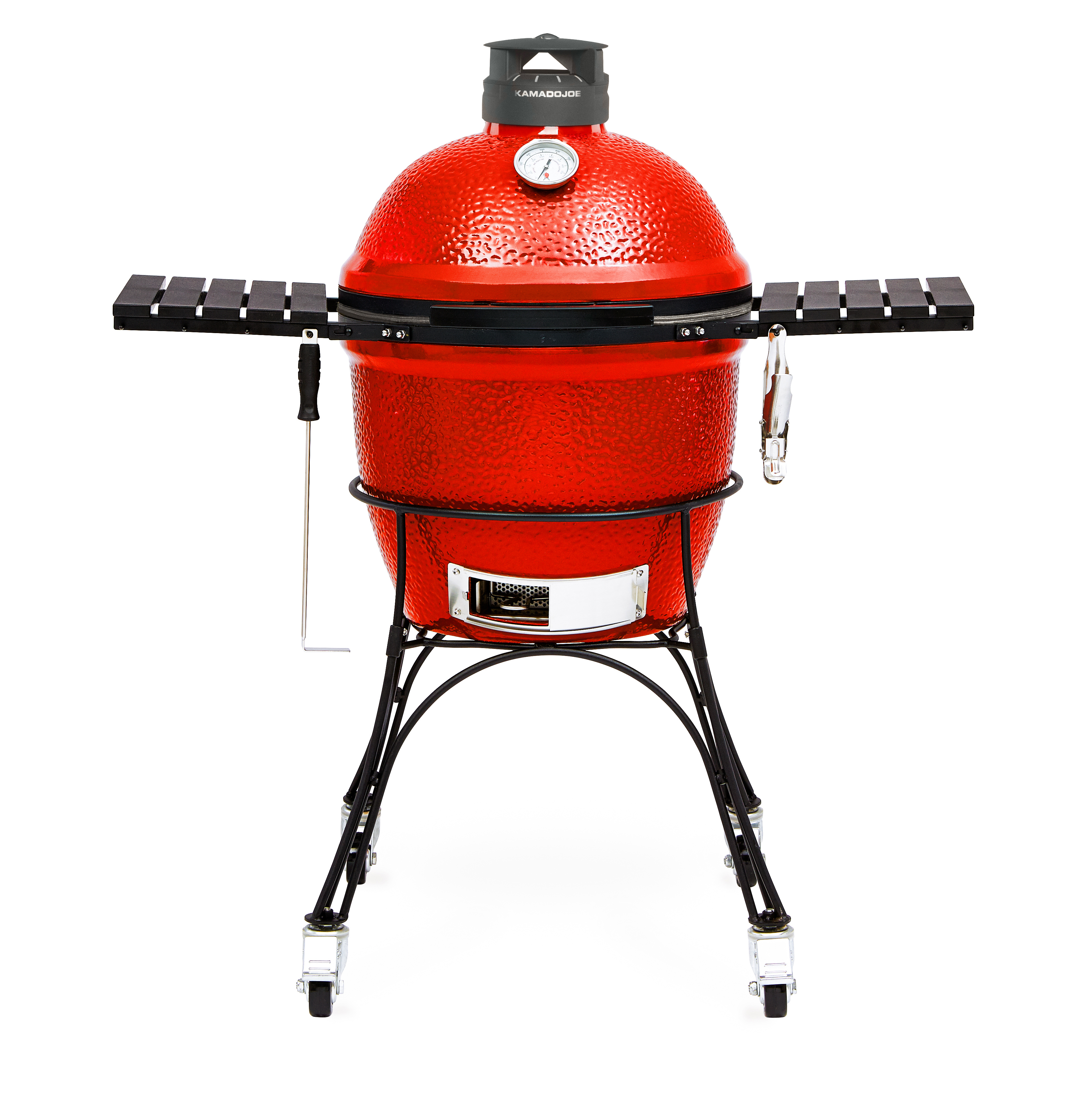 Kamado Joe Grill Classic II – Roter Keramikgrill mit Seitentischen und stabilem Gestell Kamado Joe Classic II Keramikgrill in Rot mit zwei klappbaren Seitentischen, Thermometer und Rollgestell