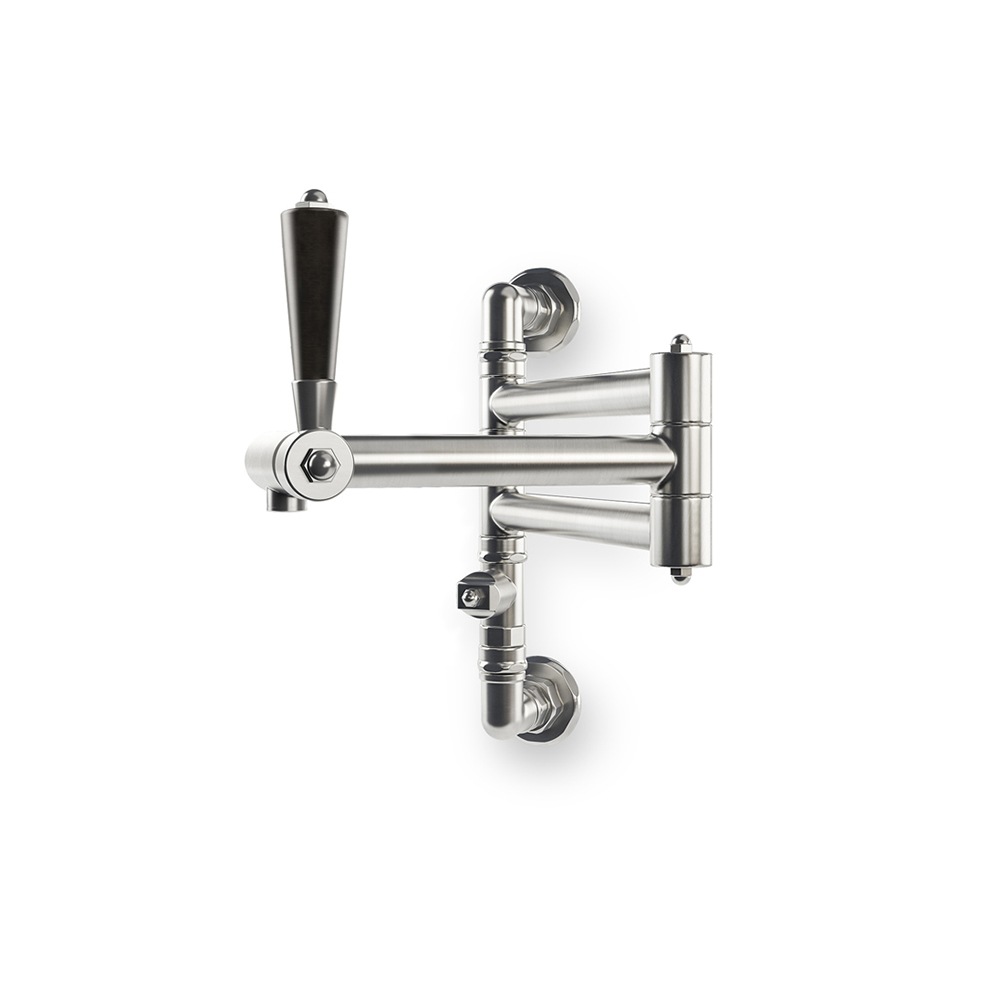 Schwenkarm-Wasserhahn aus Edelstahl zur Wandmontage, ideal für Küchen oder Werkstätten Moderner Edelstahl-Schwenkarm-Wasserhahn zur Wandmontage mit schwarzem Griff, geeignet für Küchen oder Arbeitsbereiche