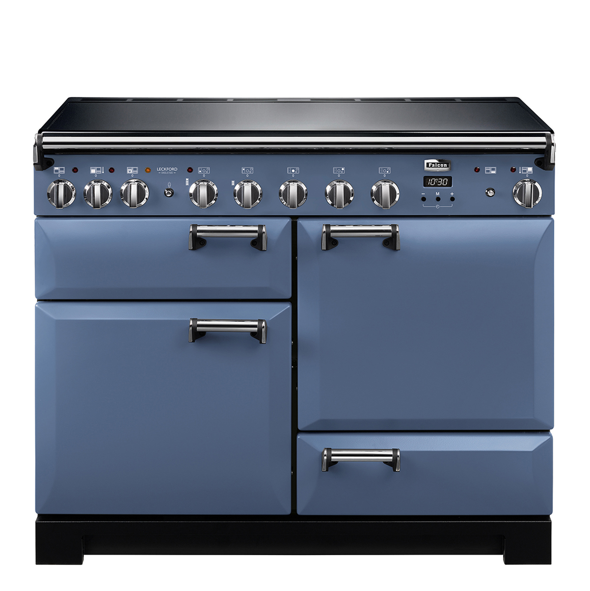 Blauer Falcon Standherd mit Edelstahlknöpfen, mehreren Backofentüren und großem Kochfeld, ideal für professionelle Küchen