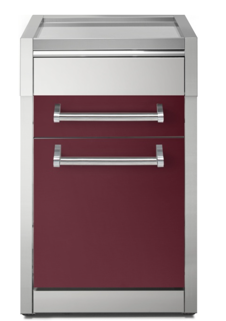 Design-Küchenschrank aus Edelstahl und Bordeauxrot mit zwei Schubladen Moderner Küchenschrank mit Edelstahlrahmen und bordeauxroten Fronten, zwei großen Schubladen und Metallgriffen