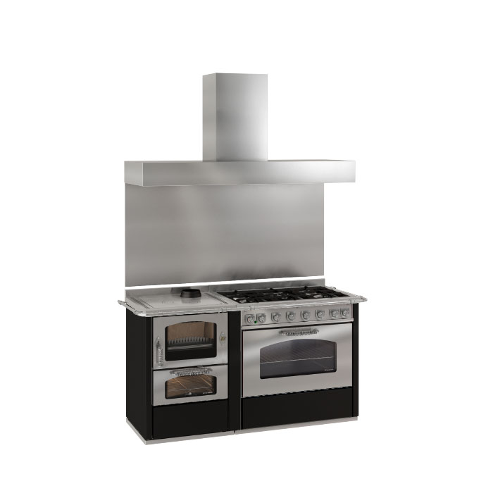 Herd-Kombination mit Edelstahl-Dunstabzugshaube, Gasherd und Holzofen, modernes Küchendesign Große Herd-Kombination mit Edelstahl-Dunstabzugshaube, Gasherd, Holzofen und Backöfen für moderne Küchen