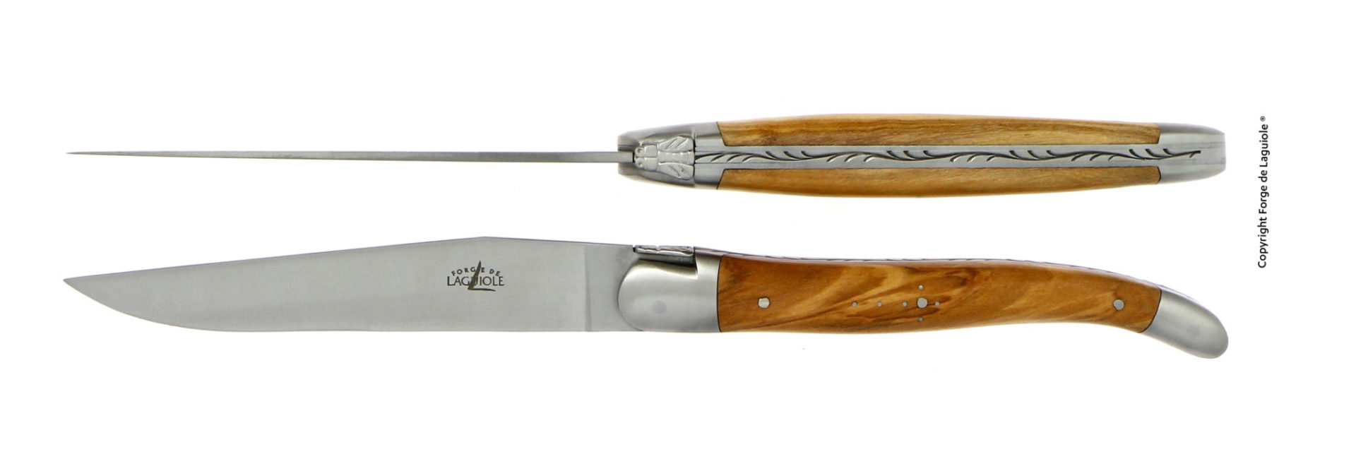 Laguiole Taschenmesser mit Olivenholzgriff und Damastverzierung, hochwertige Handarbeit Laguiole Taschenmesser, aufgeklappt und geschlossen, mit Olivenholzgriff und feiner Damastverzierung auf dem Rücken