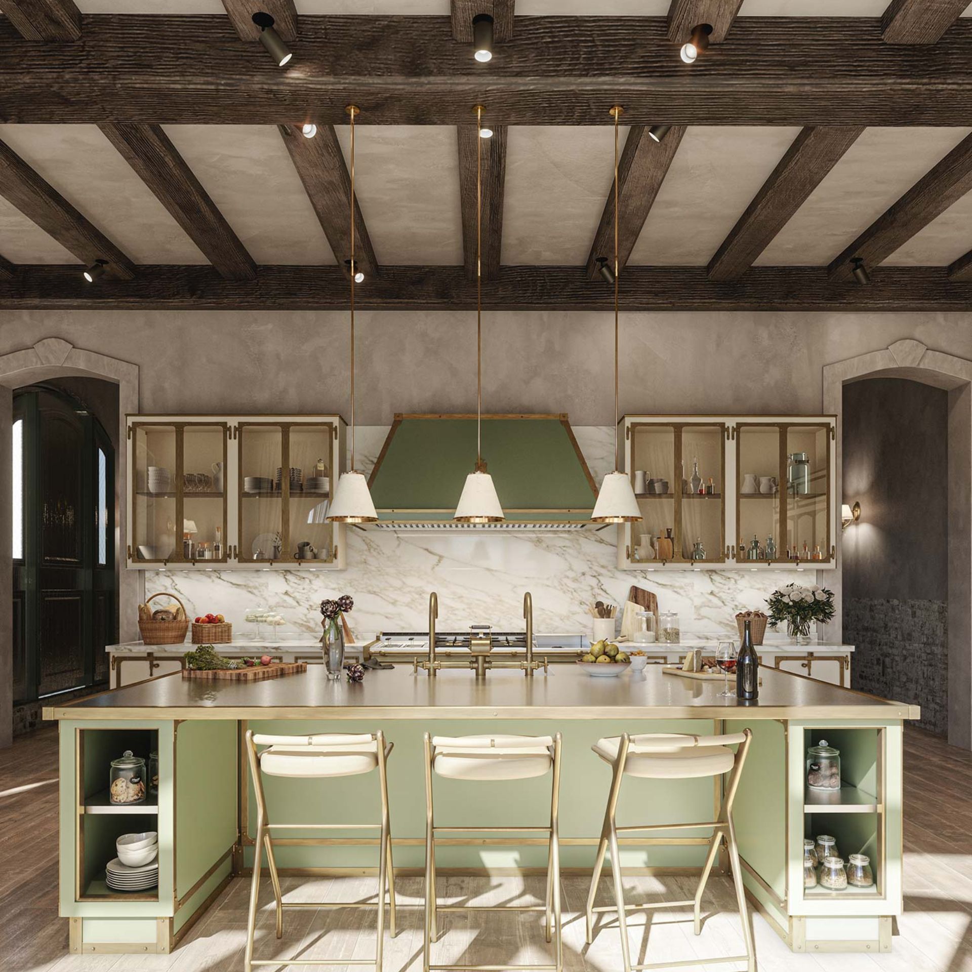 Moderne Landhausküche: salbeigrüne Kücheninsel mit Barhockern, Marmor-Spritzschutz, Glasoberschränke und goldene Pendelleuchten – stilvolle Einrichtungsidee für Premium-Küche