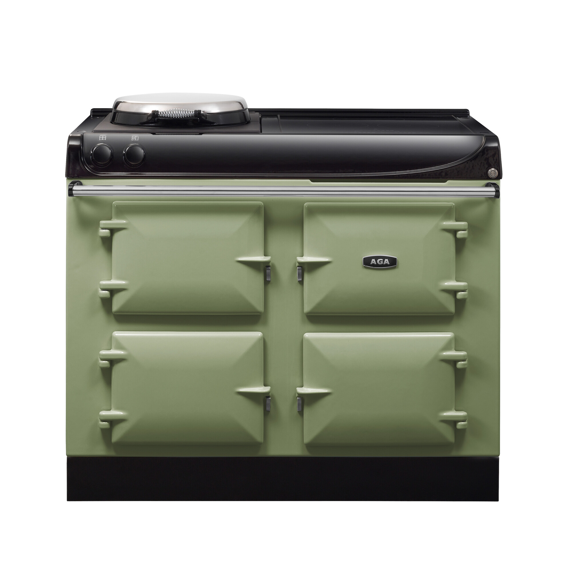 AGA Herd in Pastellgrün mit vier Backofenfächern und Kochplatte – Retro Design für Ihre Küche Grüner AGA Herd mit vier separaten Ofentüren und einer großen runden Kochplatte, ideal für stilvolle Landhausküchen