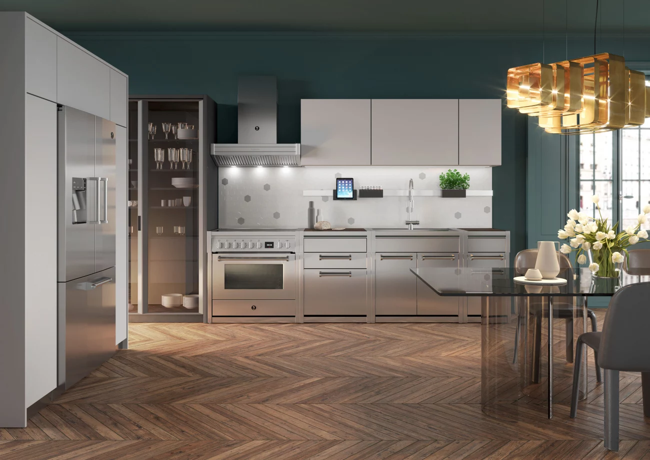 Steel Genesi 70 Dunstabzugshaube (GQK70), 70 cm Wandhaube aus Edelstahl im Profi-Look über dem Herd; leistungsstark bis 900 m³/h, geeignet für Abluftbetrieb – ideal passend zu Steel-Standherden und modernen Küchen.