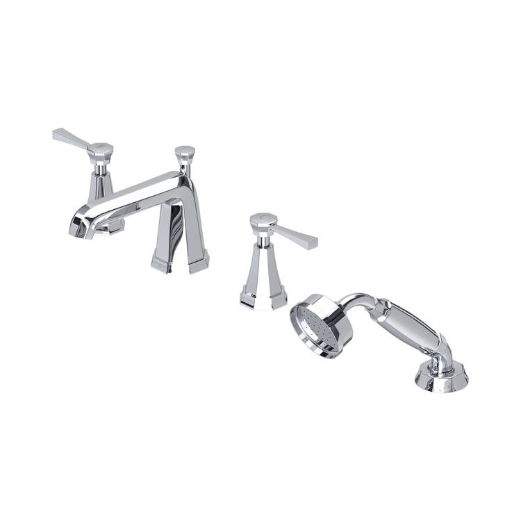 Badewannenarmatur 3-Loch in Chrom mit zwei Hebelgriffen und separater Handbrause; deckenrandmontierte Wannenfüll- und Brausearmatur im klassischen Design für das Badezimmer