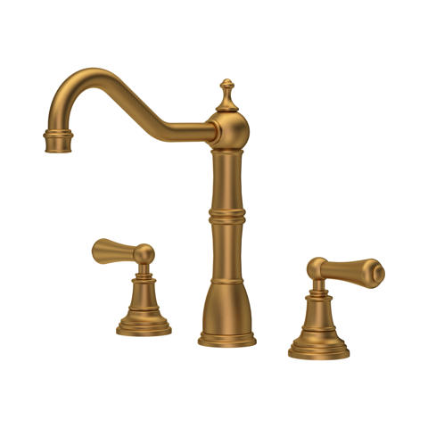 Elegante 3‑Loch-Waschtischarmatur in gebürstetem Messing/Gold mit hohem Schwanenhals-Auslauf und zwei Hebelgriffen, klassische Badarmatur