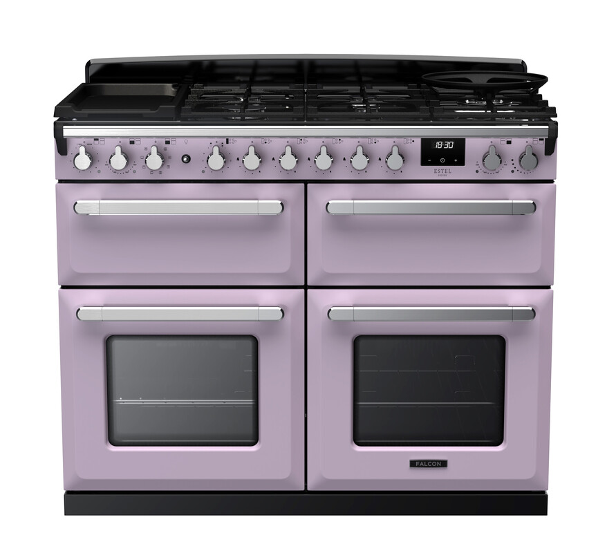Moderner, lilafarbener Falcon Doppelbackofen mit vier Backofentüren und großem Gaskochfeld, freistehender Design-Herd für die Küche