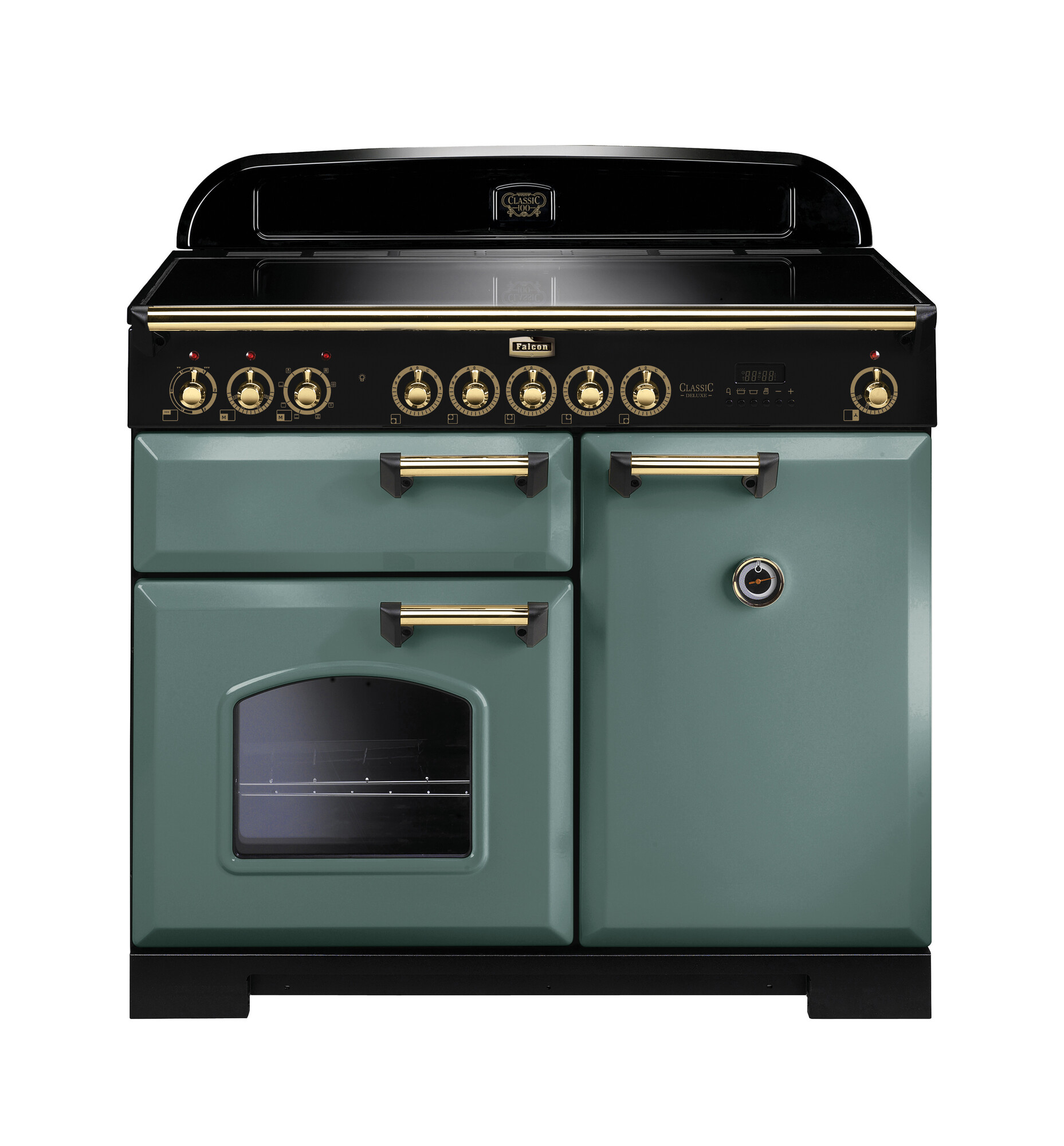 Grüner Falcon Classic Deluxe 110 Standherd mit Induktionskochfeld, mehreren Backofentüren und goldenen Griffen, Frontansicht