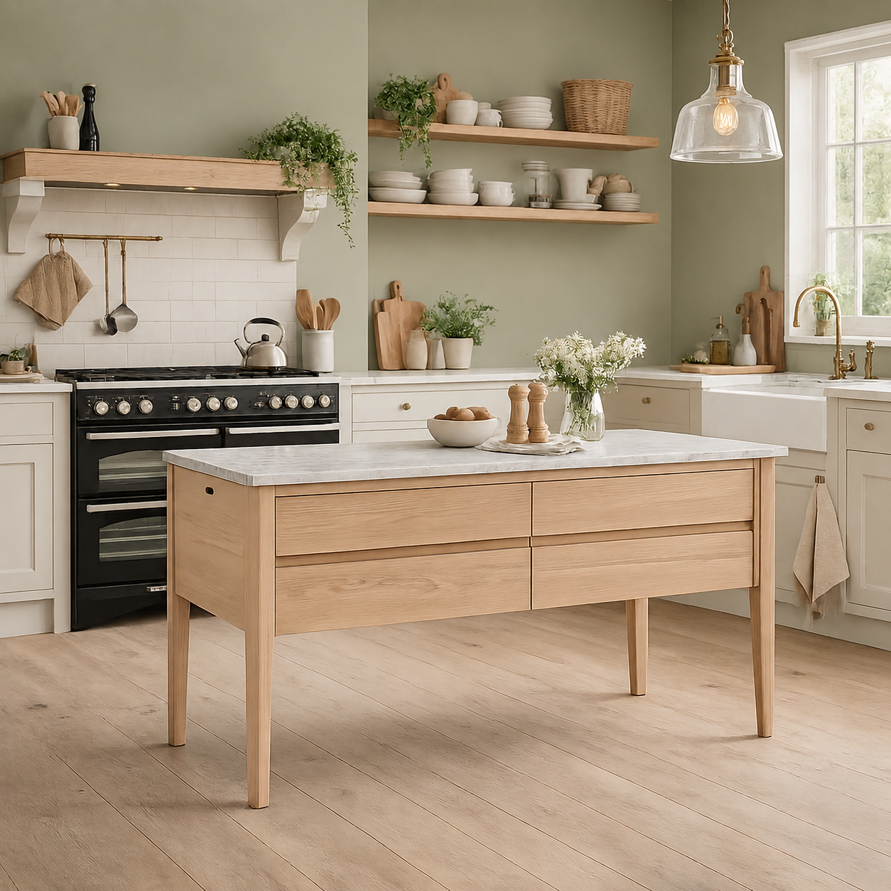 Helle Kücheninsel aus massiver Eiche mit Schubladen und weißer Marmor-Arbeitsplatte in moderner Landhausküche; ideal als Arbeitsplatz und Stauraumlösung