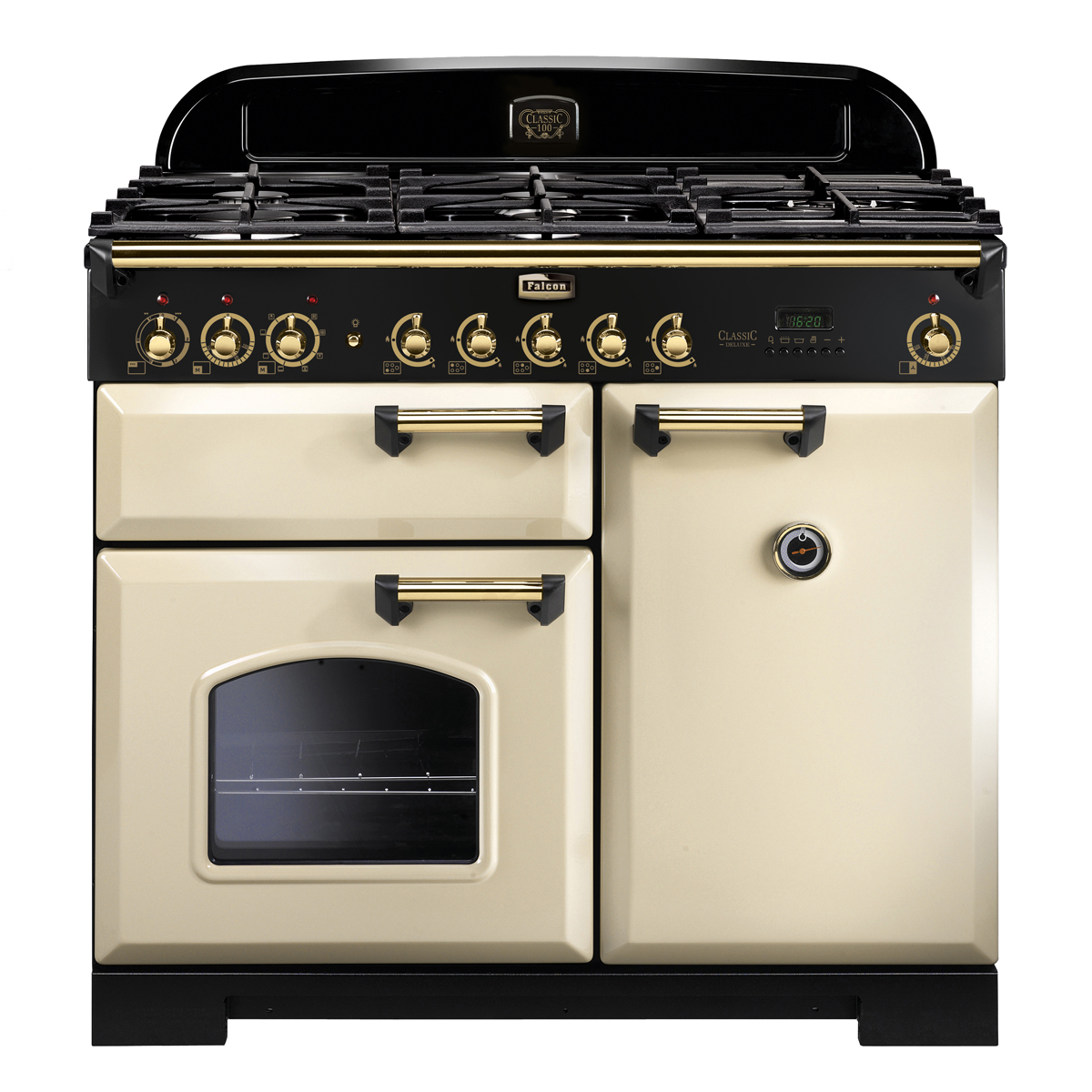 Falcon Classic Deluxe 110 Gaskochherd in cremefarben mit goldenen Griffen, zwei Backöfen und fünf Gasbrennern