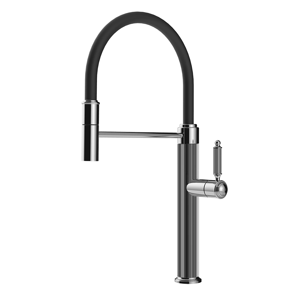 Hohe Küchenarmatur Chrom mit schwarzem Flexschlauch