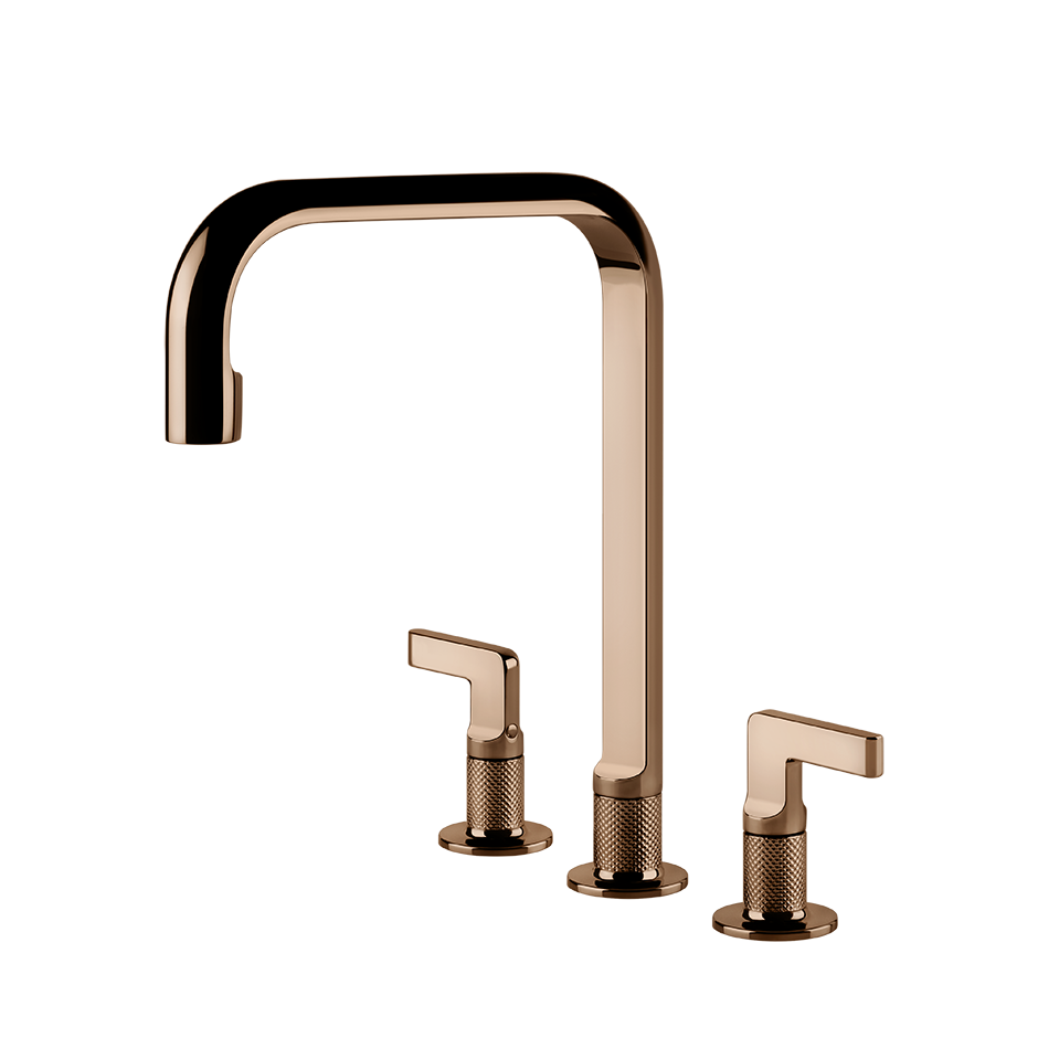 Dreiteilige Waschtischarmatur in Roségold, hoher Auslauf
