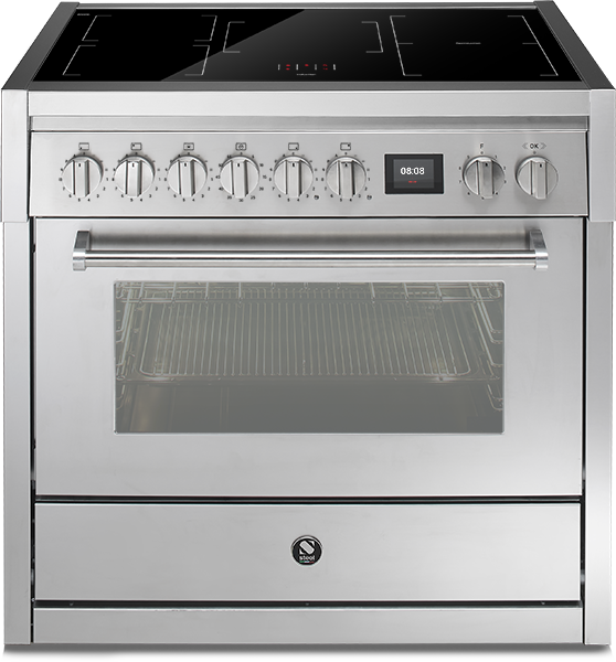 Moderner Edelstahl-Standherd mit Induktionskochfeld und Digitalanzeige – ideal für jede Küche Großer Standherd aus Edelstahl mit Induktionskochfeld, mehreren Drehknöpfen und digitaler Uhr, Backofentür mit Sichtfenster