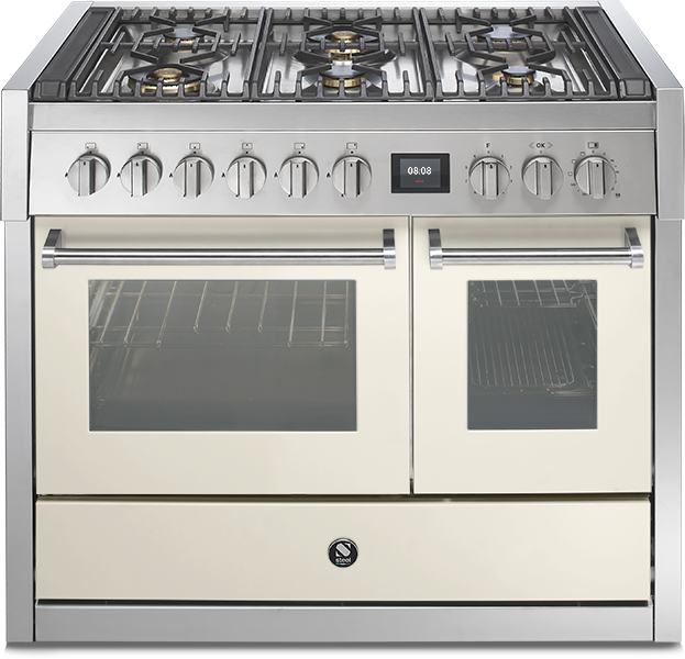 Gasherd mit Doppelbackofen und Edelstahl-Front, moderne Küchentechnik für professionelles Kochen Moderner Gasherd mit sechs Kochfeldern, zwei Backöfen und digitalen Bedienelementen, Edelstahl-Design