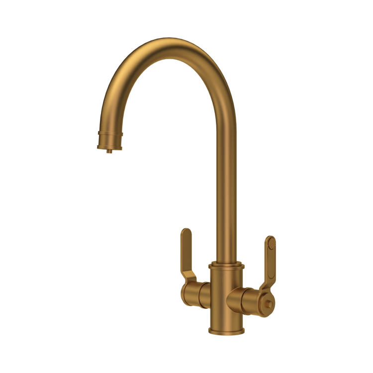 Elegante Küchenarmatur aus Messing in Gold mit zwei Hebeln und hohem U-Auslauf; langlebiger Wasserhahn für Spülbecken, klassisches Design