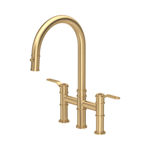 Zweigriff-Küchenarmatur im Brückenstil aus gebürstetem Messing/Gold mit hohem, schwenkbarem Auslauf – elegante Retro-Armatur für die Spüle