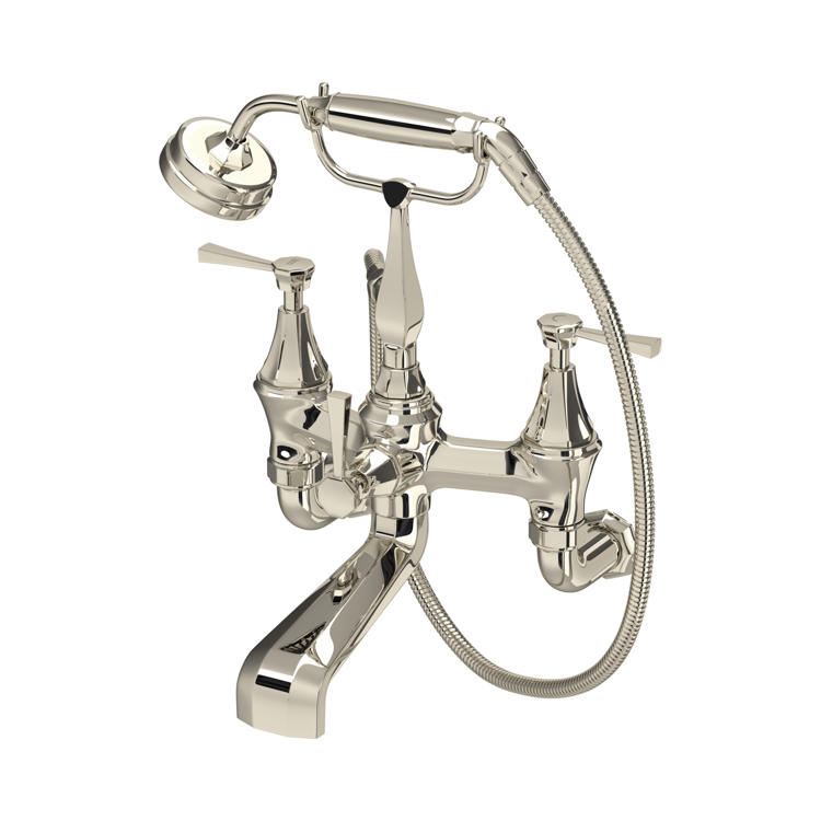 Produktbild: Perrin & Rowe Deco 3110/1 wandmontierte Badewannen-Mischarmatur mit Auslauf, zwei Hebelgriffen und abnehmbarer Handbrause mit Schlauch – hochwertige Lösung für stilvolle Wannenbereiche