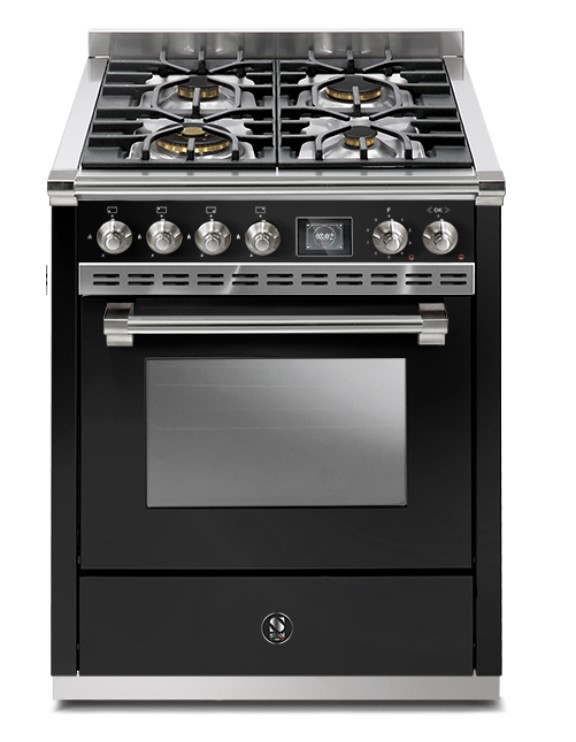 Frontansicht eines modernen Standherds mit vier Gasbrennern, Bedienelementen und großem Backofen, schwarz-silbernes Design