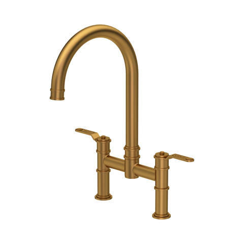 Zweigriff-Bridge-Küchenarmatur aus gebürstetem Messing mit hohem Bogen, klassische Mischbatterie für Spüle, Montage mit zwei Standfüßen