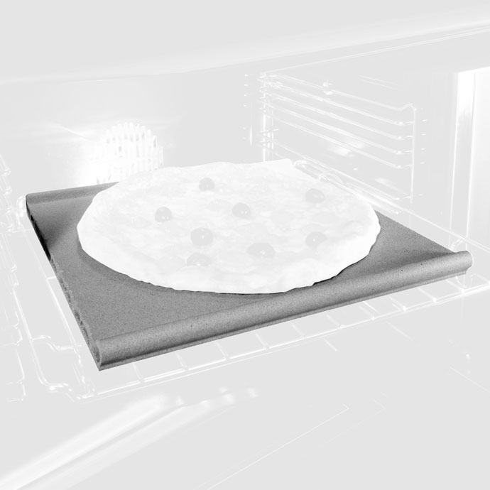 Pizzastein im Ofen – Perfekt für knusprige Pizzen und Brot Rechteckiger Pizzastein aus Schamott im Backofen mit belegter Pizza darauf