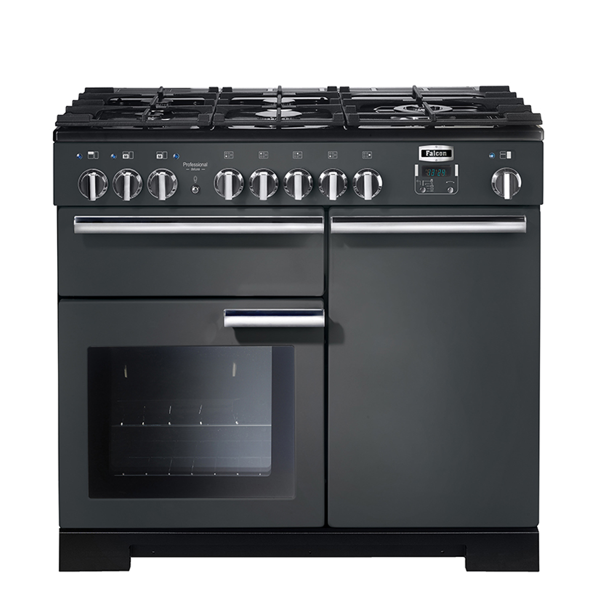 Falcon Professional+ 110 Gaskochfeld mit Doppeltür-Backofen in Schwarz – moderner Range Cooker für große Küchen Schwarzer Falcon Professional+ 110 Range Cooker mit breitem Gaskochfeld, Edelstahldrehknöpfen und zwei großen Backofentüren